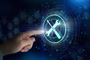 Idealized image of a hand tapping on a digital screen to manage toolkit settings in a digital environment.