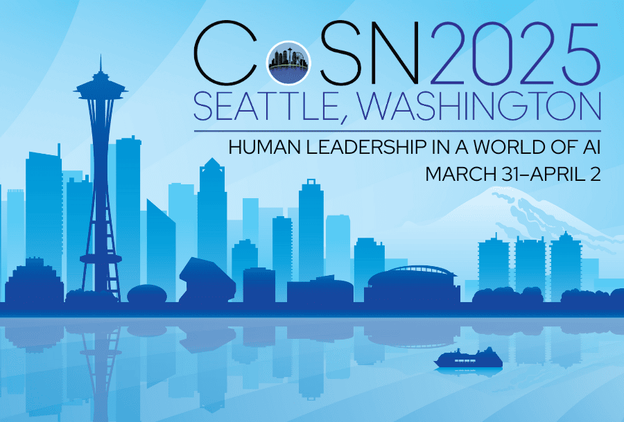 CoSN 2025 Conference illustration: Human Leadership in a World of AI, March 3-April 2 in Seattle, Washington