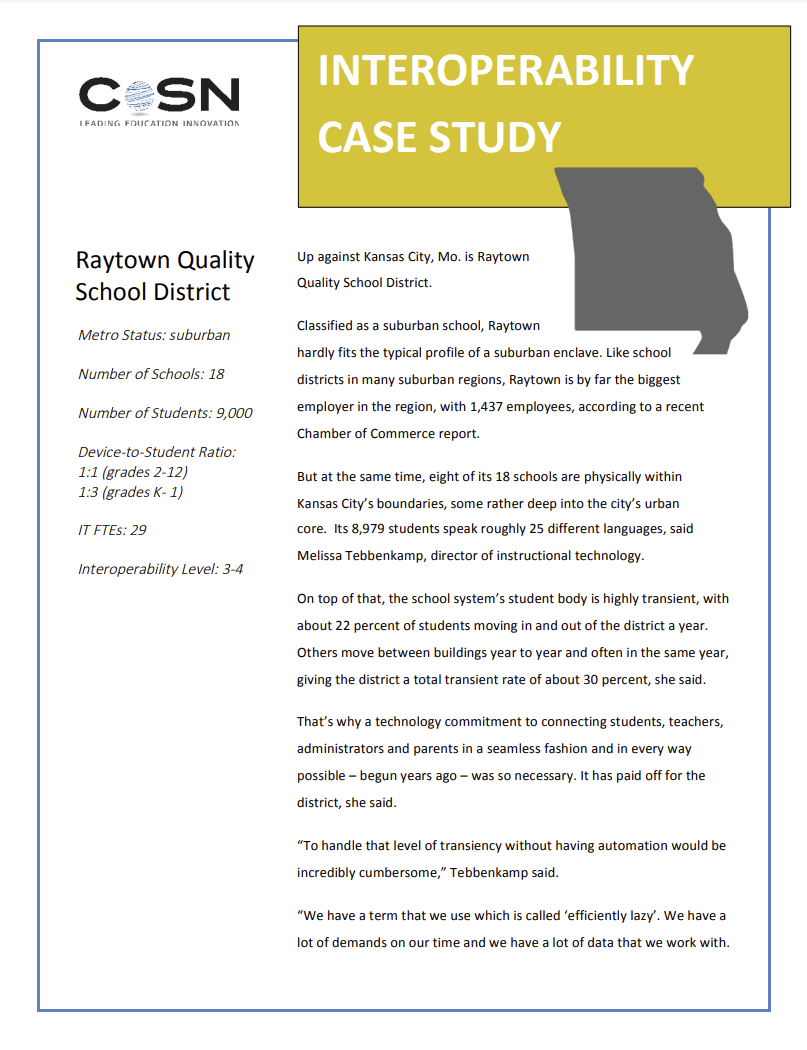 Cover for CoSN Interoperability Case Study: Raytown Quality School Dristrict (MO)