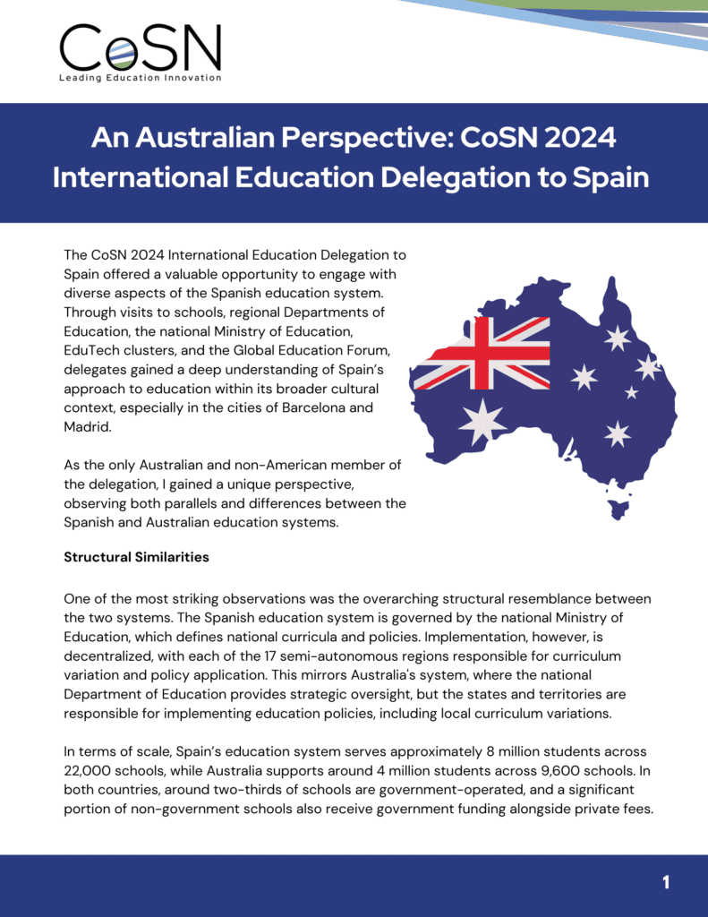 Cover for "An australian perspective" part of the cosn 2024 international education delegation to spain blog series