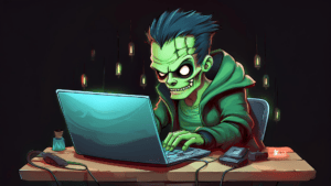 This is an AI generated image of a Halloween-style Frankenstein's Monster looking fiendishly at a computer screen.