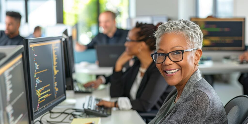 Cybersecurity staff working collaboratively in a school district office
