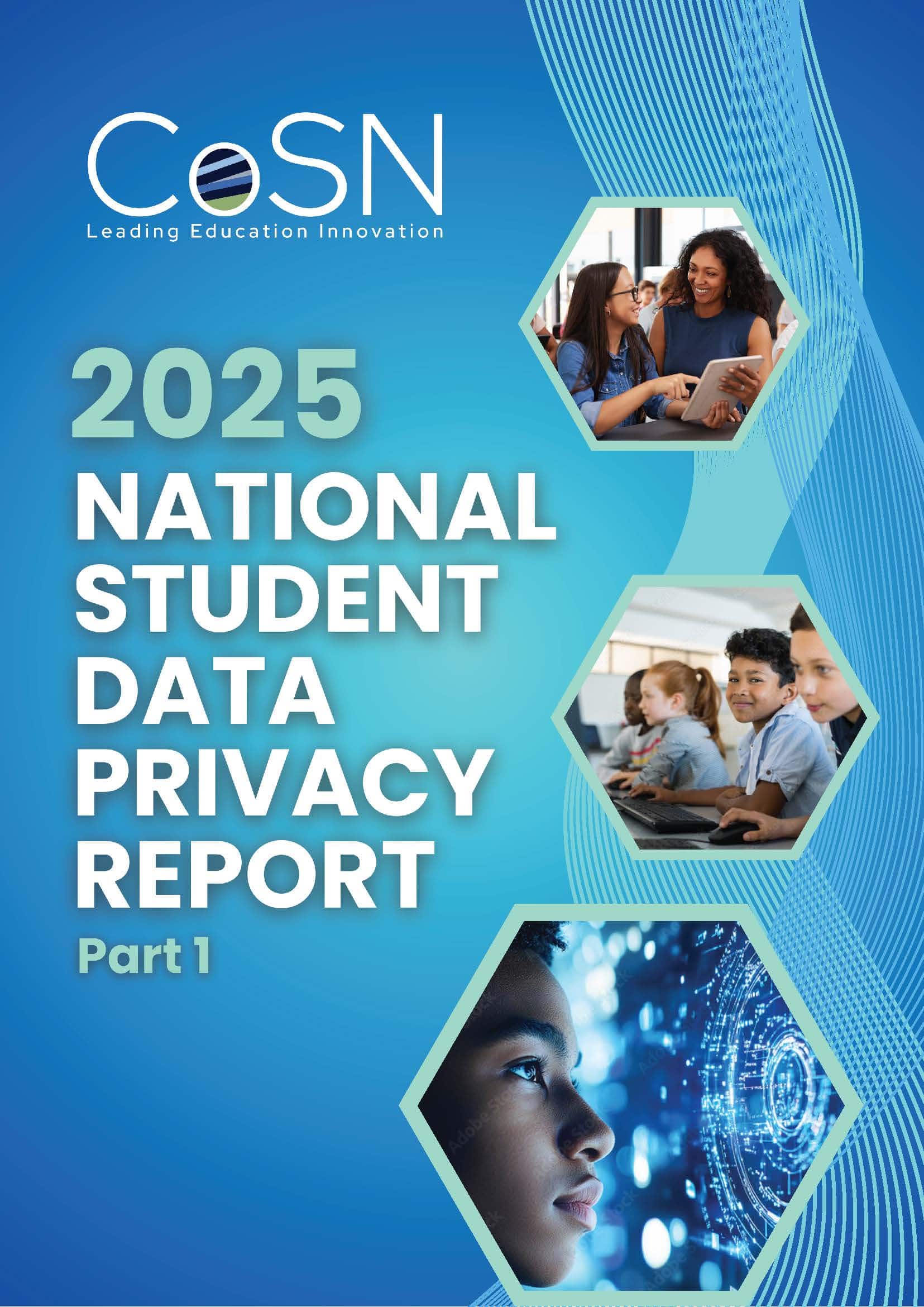 A cover for a report, mostly with a blue background and images of students and teachers working with AI and other advanced classroom technology.